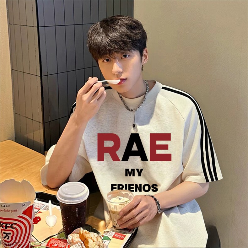 抖音得物高品质二开240克宽松纯棉美式潮牌三条杠织带短袖T恤，男装T恤，电商A486-1