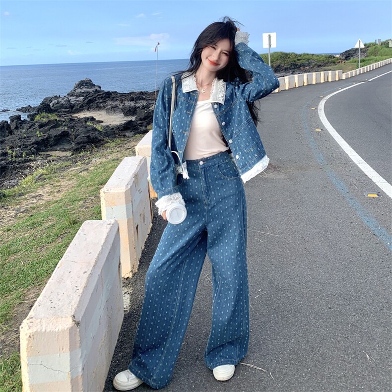 蓝色蕾丝花边牛仔衬衫套装女2025秋季新款学院风休闲阔腿裤两件套,女装套装/套裙,2C198