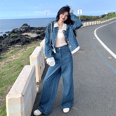 蓝色蕾丝花边牛仔衬衫套装女2025秋季新款学院风休闲阔腿裤两件套，女装套装/套裙，2C198