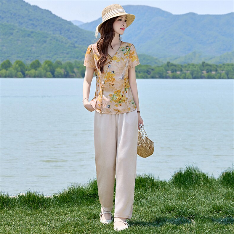 年轻妈妈装V领短袖衬衫阔腿裤两件套夏季新款洋气减龄中老年套装,女装套装/套裙,衣之秀