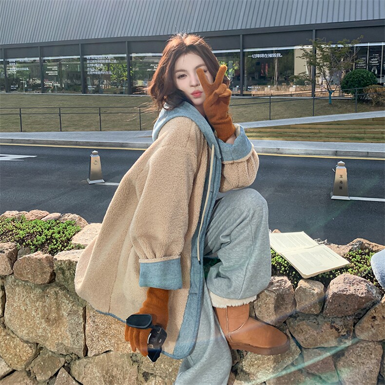 撞色拼接连帽羊羔毛外套女2025冬季新款韩系学院风小个子加厚棉服,女装皮草,天使之佳话
