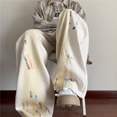 抖音品质秋季新款美式彩绘宽松弯刀牛仔裤B315-K24326-p65控88，男装牛仔裤，电商B315