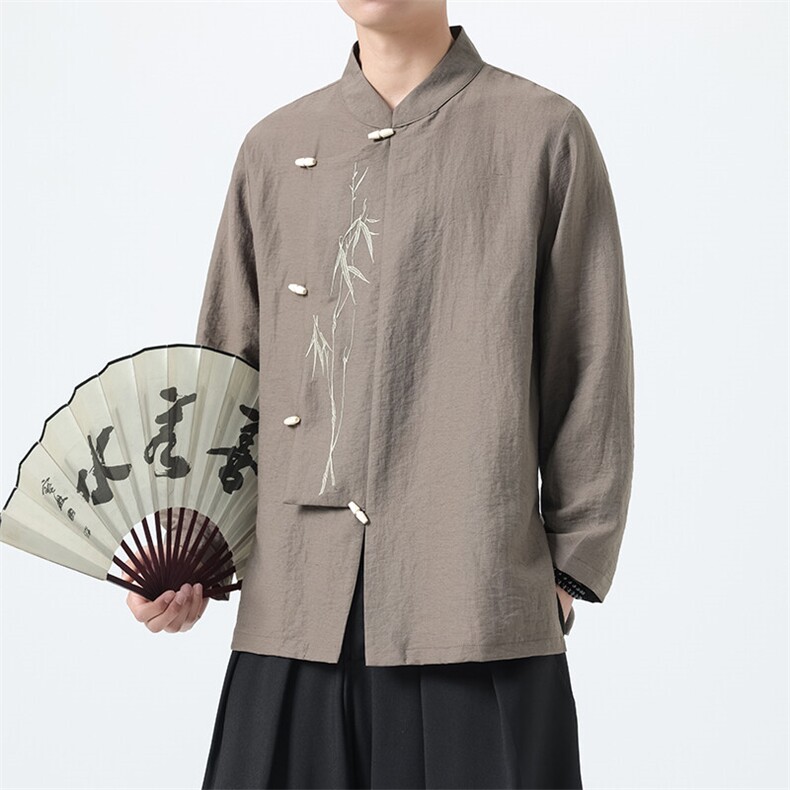 风（折枝金竹）棉麻混纺绣花木头扣大码宽松长袖衬衫男女款,男装衬衫,星座305A（原312A-1）
