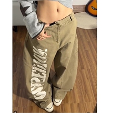 美式复古慵懒卡其色字母印花牛仔裤女设计感宽松显瘦阔腿拖地长裤，男装牛仔裤，星座506A