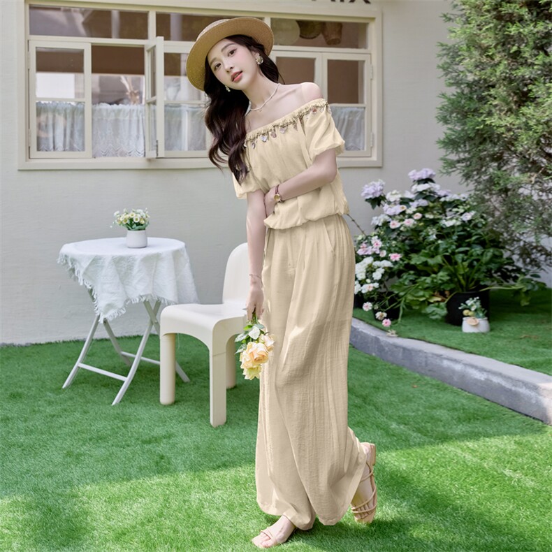 现货新款气质套装女2025年夏季新款一字领衬衫阔腿长裤两件套，女装套装/套裙，美静678