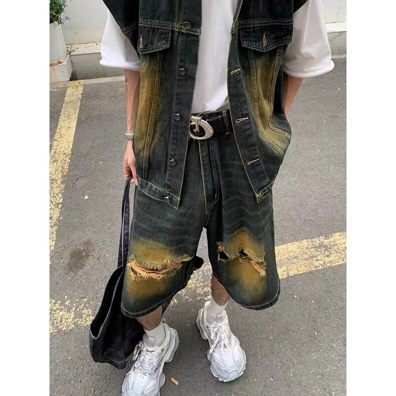 DK612LL-P40美式复古水洗做旧牛仔短裤男宽松直筒七，男装牛仔裤，星座1007（原301D）