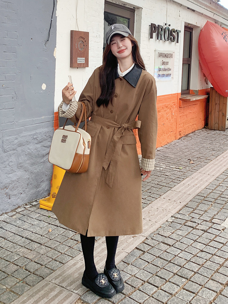 长款长袖薄款翻领女士格子领风衣韩版慵懒风大衣春秋气质小个子,女装风衣,蝶眷
