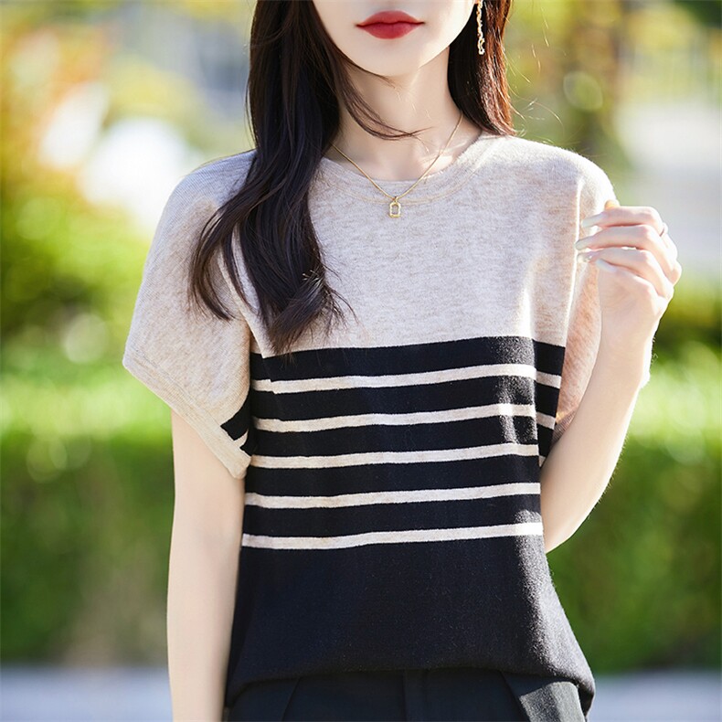 法式拼色条纹冰丝针织小飞袖T恤女2025夏薄透气显瘦上衣短袖T恤衫图片