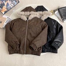 加绒加厚冬款男女连帽棉衣扎染PU皮棉袄毛领保暖皮棉服MY94P110，男装棉衣，星座1013-1