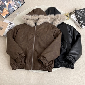 加绒加厚冬款男女连帽棉衣扎染PU皮棉袄毛领保暖皮棉服MY94 P110图片