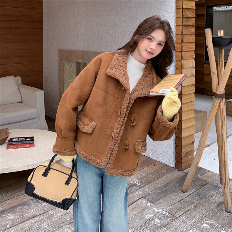 2025冬季新款皮毛一体休闲小个子宽松小外套,女装羊羔毛/颗粒绒,乐吉娜