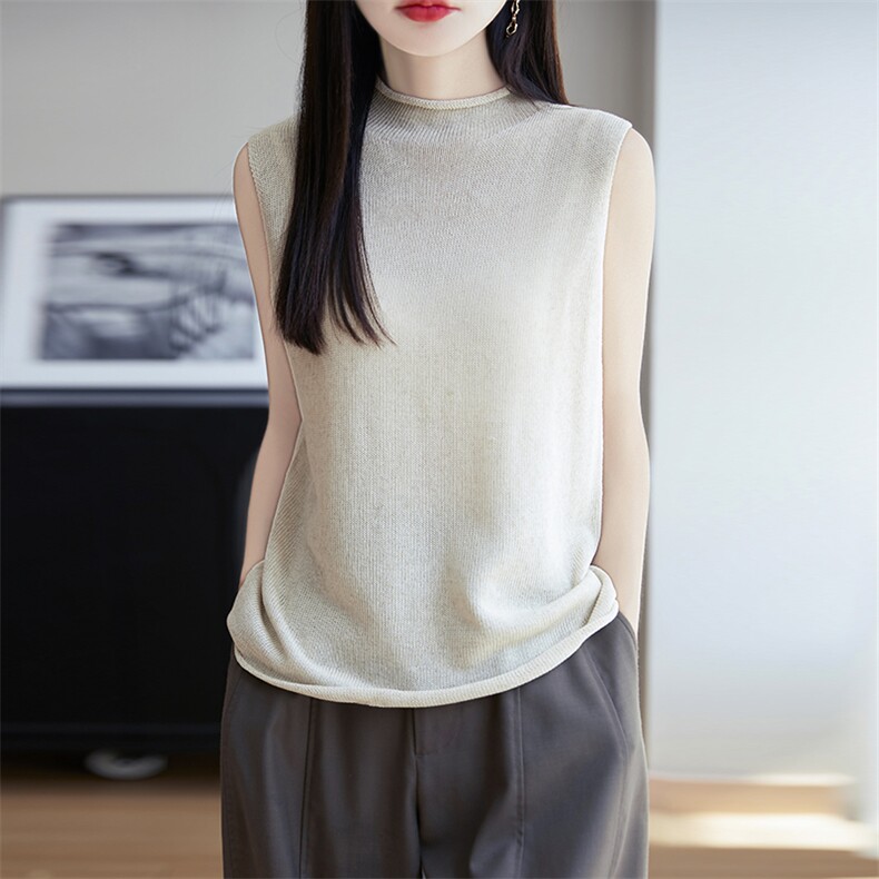天丝亚麻半高领针织背心女宽松显瘦薄款无袖打底衫简约通勤上衣潮,针织衫/毛衣,朝思羊绒