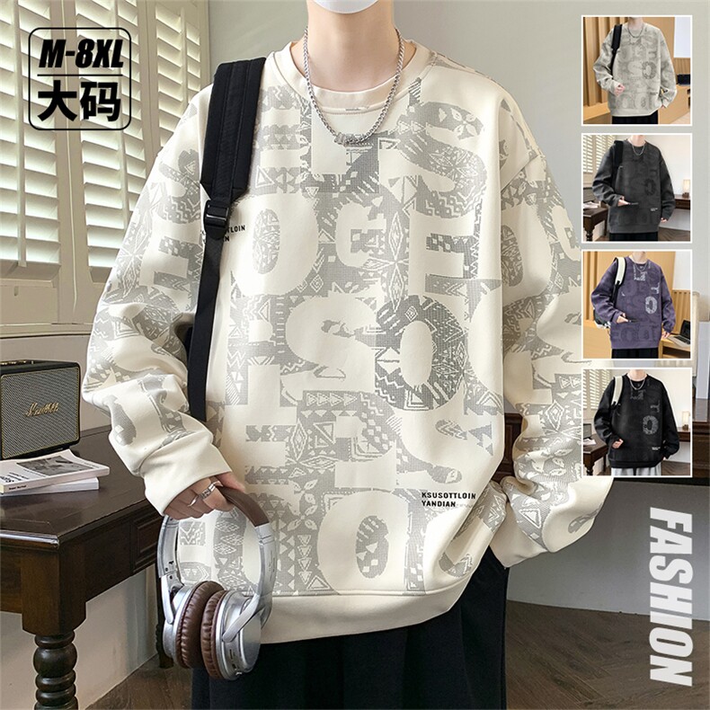 字母满印圆领卫衣男秋季美式复古hiphop潮牌宽松休闲潮流套头衣服,男装卫衣,星座1107-1