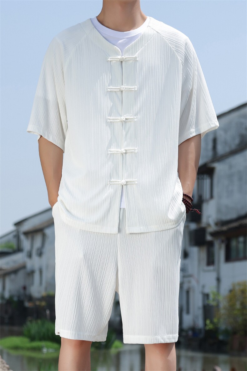 2025夏季风男装套装针织竖纹理唐装套装短袖+短裤A101-P75,男装休闲套装,电商B277(原6028)