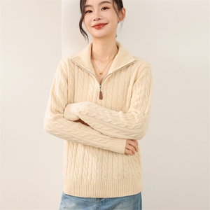 2025年秋季长袖套头半拉链麻花时尚百搭通勤简约休闲，女装羊毛衫，锦弘羊绒