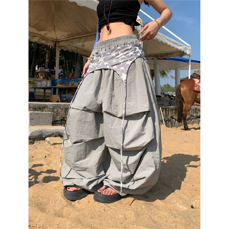 美式街头屁帘飘带设计多色长裤夏季宽松阔腿休闲打褶堆积感裤子潮图片