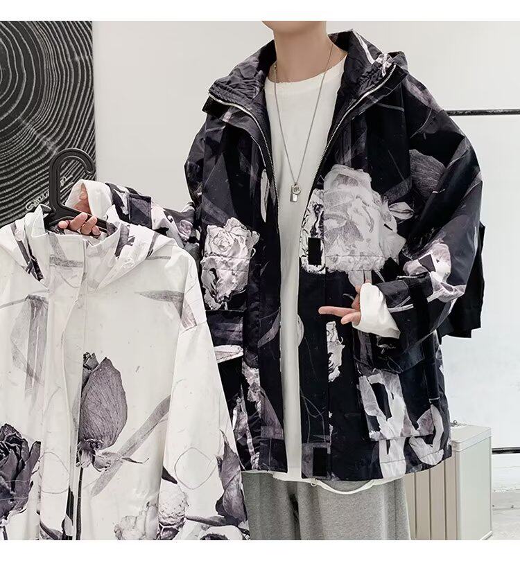 春秋新款男宽松连帽夹克工装上衣潮流港风干枯玫瑰外套JK028-P50,男装夹克,星座308B-1