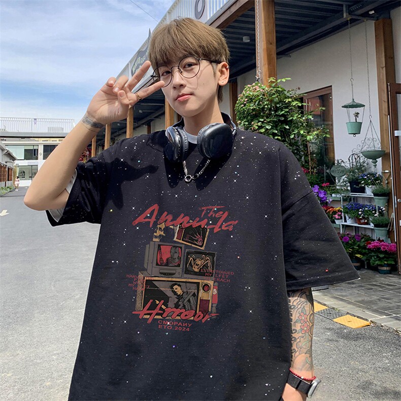 量大优供抖音视频支持得物配合二开美式满天星亮片短袖T恤MTX321,男装T恤,电商A486