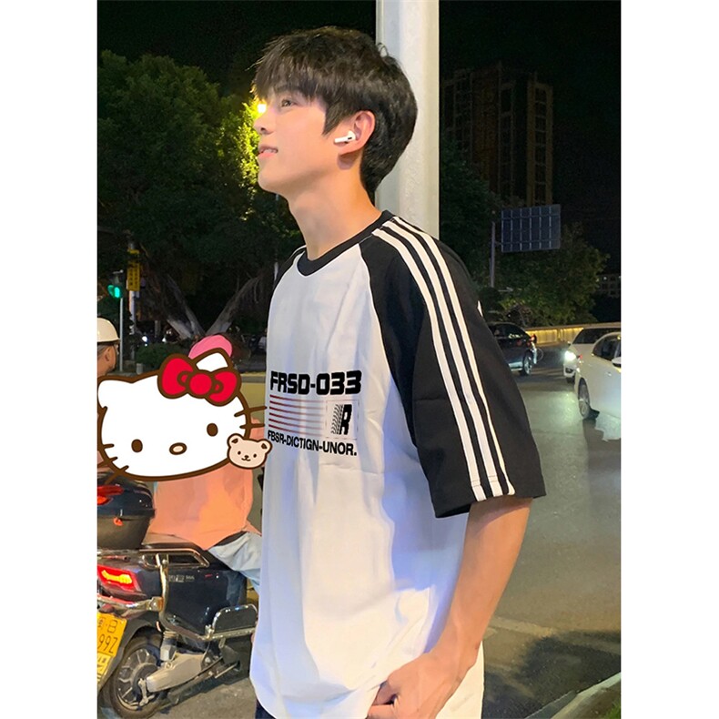 抖音得物品质二开240克宽松纯棉美式潮牌插肩三杠织带短袖T恤，男装T恤，电商A486