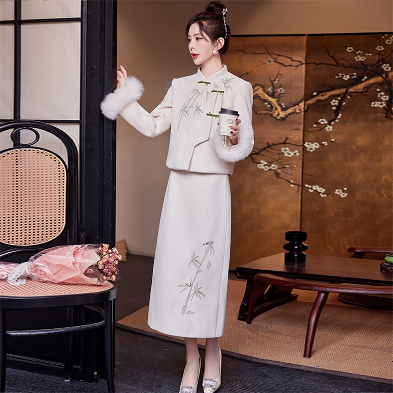 改良旗袍新款秋冬季加厚长袖年轻款气质高端刺绣连衣裙女冬小个子,女装套装/套裙,芷墨服饰