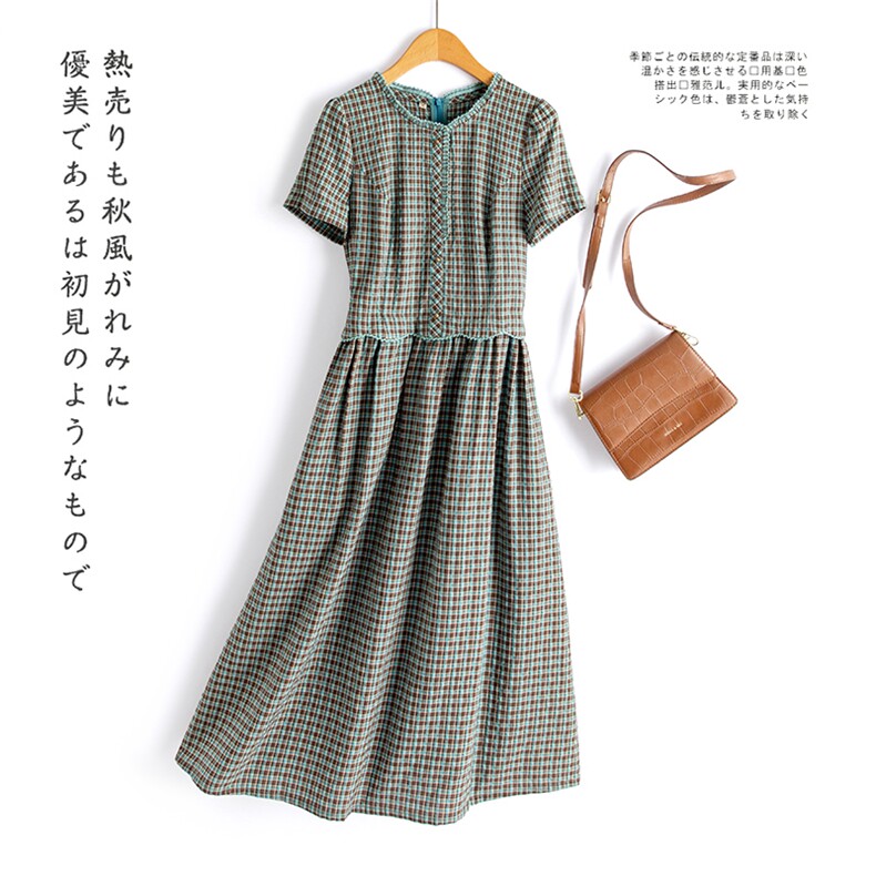 水衣源2708款格子棉布蕾丝镶边收腰中长款气质连衣裙，女装连衣裙，水衣源