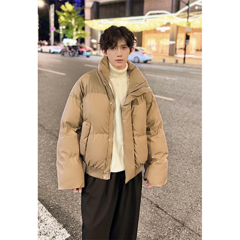 现货冬季三防重磅硬挺boxy短款羽绒刺绣立领PU皮棉衣外套加厚棉服，男装棉衣，电商A486-1