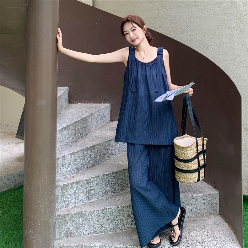 韩系通勤风薄款牛仔无袖上衣套装女2025夏季气质阔腿裤淡人两件套,女装套装/套裙,2C277