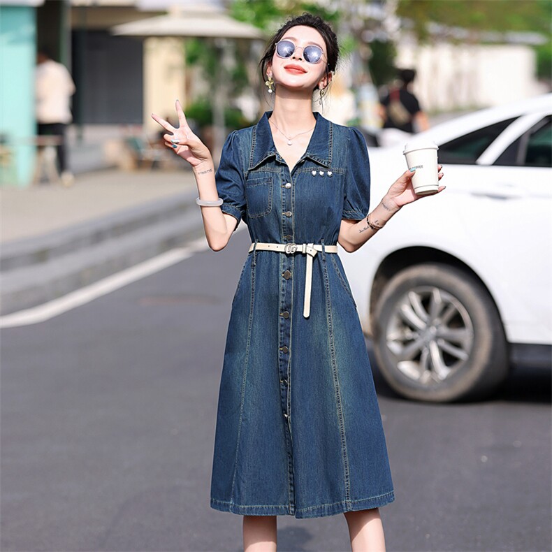 薄款牛仔连衣裙女2025新款夏季独特气质复古显瘦高级感衬衫裙收腰,女装连衣裙,意芙