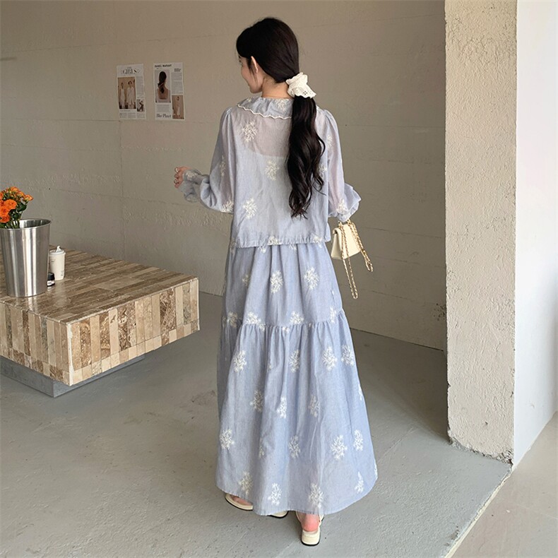温柔风清新减龄套装裙女2025春新款荷叶边娃娃领上衣半身裙两件套,女装套装/套裙,2C032