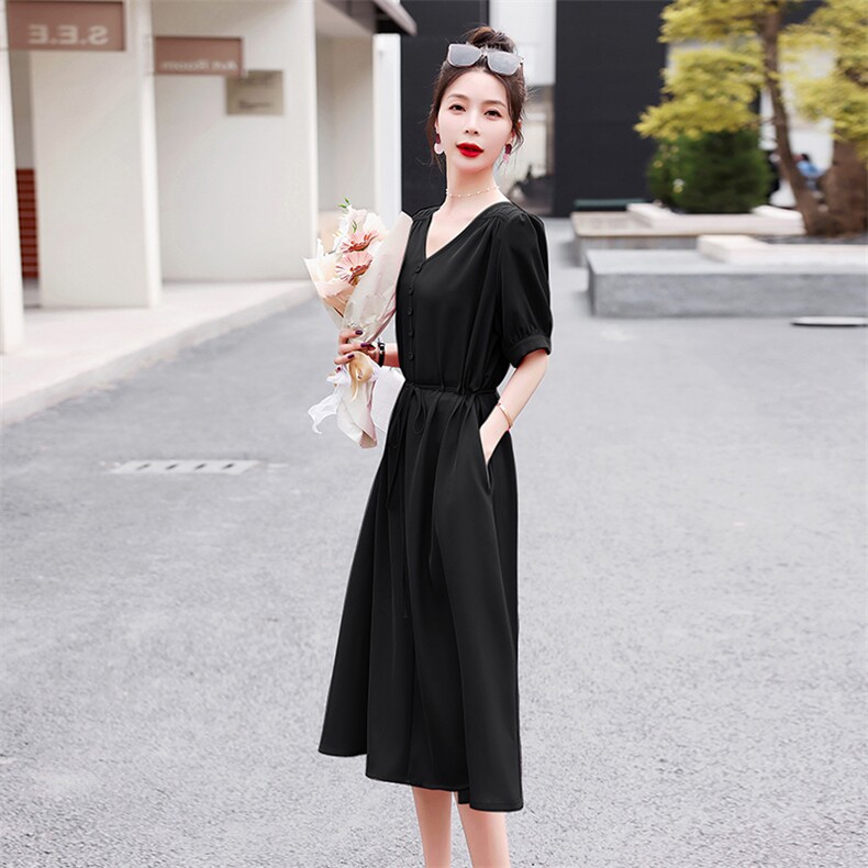 2023年夏装新款方领修身灯笼袖长款连衣裙,女装连衣裙,贵人树