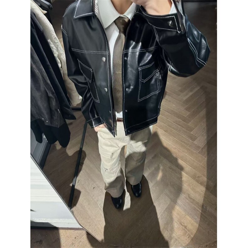 网图老钱风希腊油皮复古机车PU皮衣外套明线夹克W1599/特P68，男装皮衣，电商B350