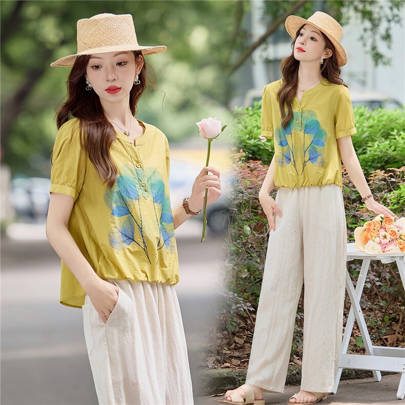 时尚套装女装2025夏季新款短袖上衣阔腿裤妈妈休闲穿搭减龄两件套，女装套装/套裙，依万里