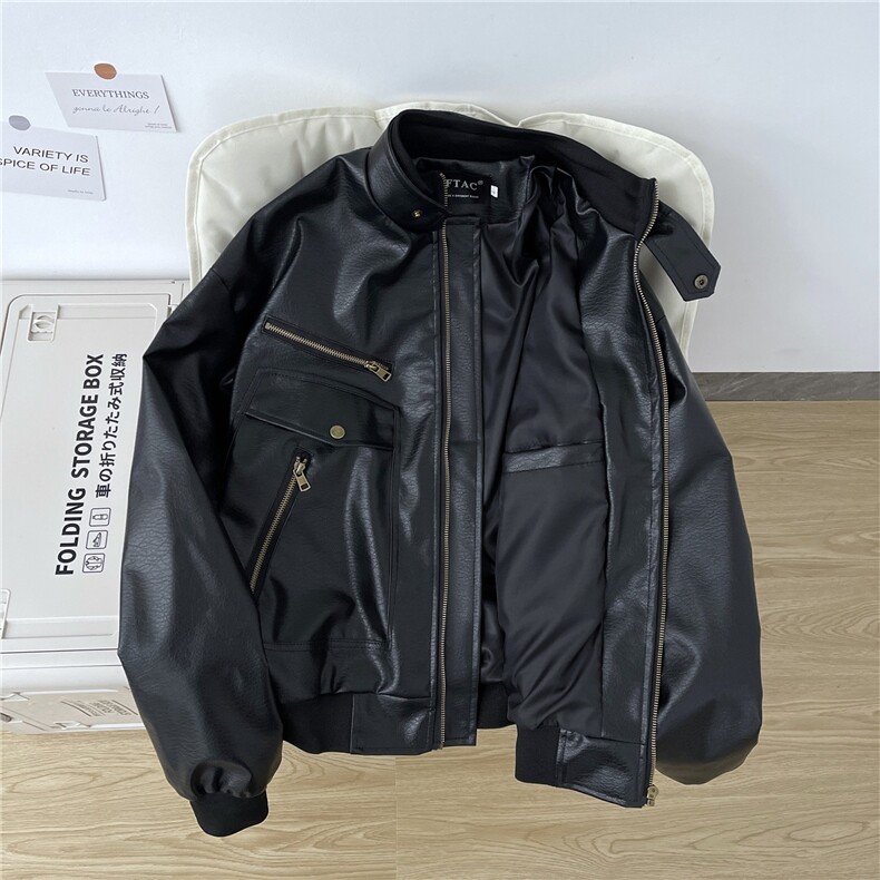 美式复古肌理设计感PU皮衣夹克boxy多口袋廓形机车服外套潮,男装夹克,星座410-6（原星座1304-1）