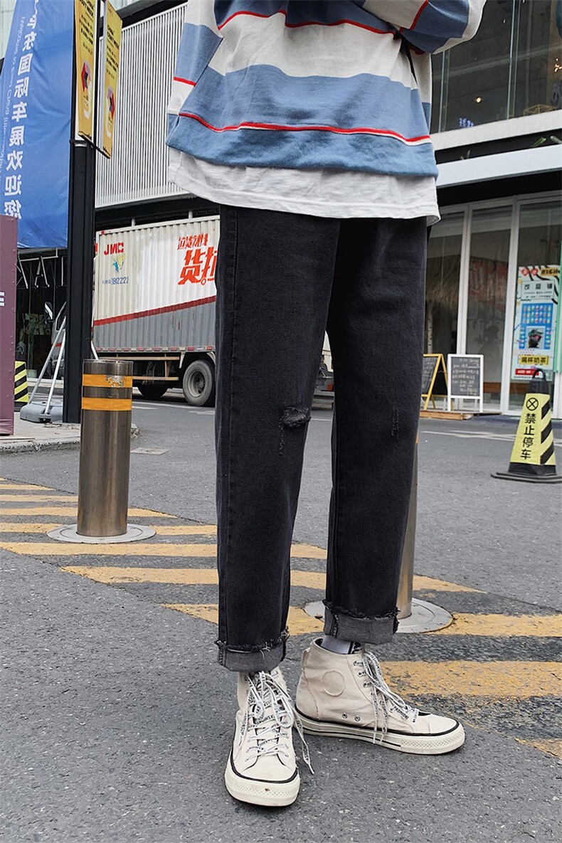 春季破洞九分牛仔裤男潮牌宽松直筒坠感阔腿裤子港风韩版7101-P35,男装牛仔裤,电商A318