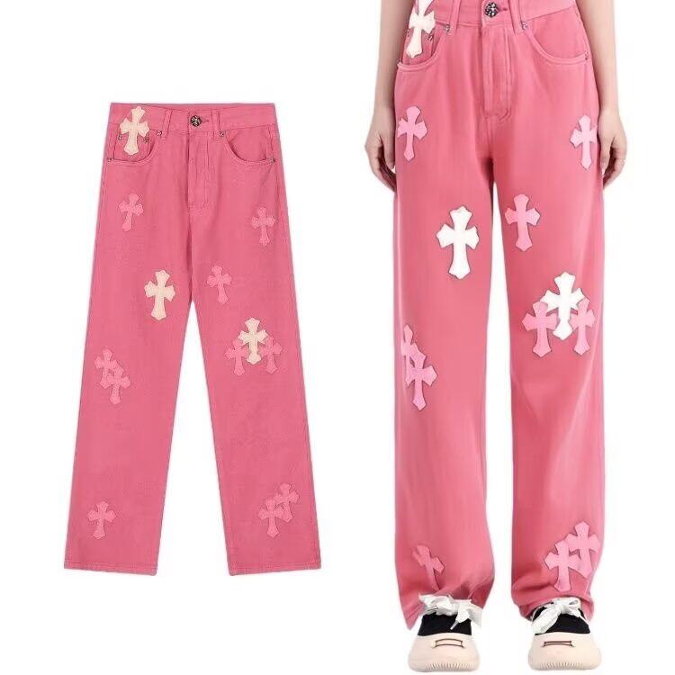 重工拼皮十字架牛仔裤女设计感小众多巴胺直筒长裤子AM933P62，男装皮裤，星座1013-5