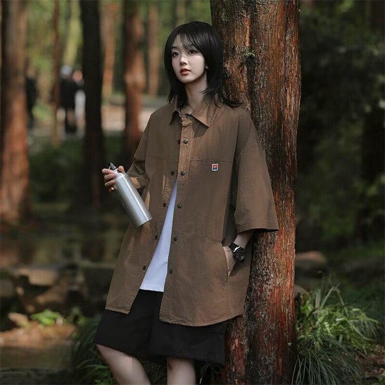 咖啡色衬衫男女短袖韩版潮流痞子帅气2024宽松ins外套CY901-P37,男装衬衫,星座412-2