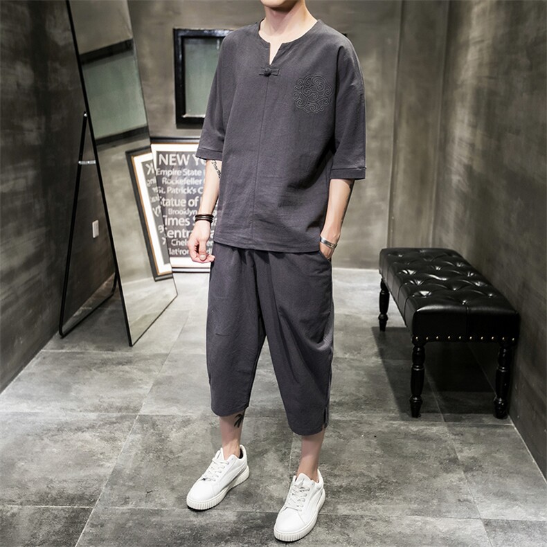W19P80室内风棉套装时尚刺绣百搭青年七分裤七分袖宽松风,男装休闲套装,电商A026