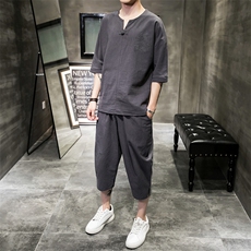 W19P80室内风棉套装时尚刺绣百搭青年七分裤七分袖宽松风，男装休闲套装，电商A026