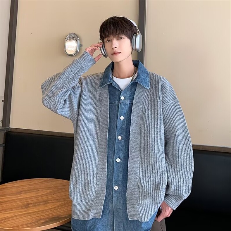 秋冬假两件针织衫男生开衫外套韩版潮ins流牛仔翻领拼接毛衣Y517，男装工装外套，星座506