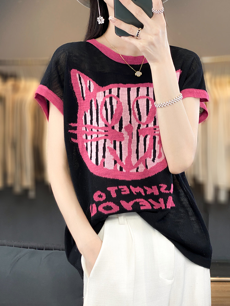 冰丝针织衫女t恤短袖薄款夏季2025新款小个子宽松设计感小众上衣,女装T恤,佳绒包芯纱店