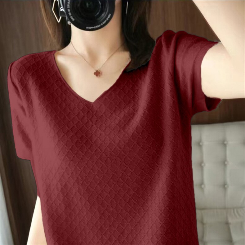 纯棉镂空菱形短袖女2025夏季宽松打底针织半袖V领套头，女装针织衫/毛衣，品高羊绒
