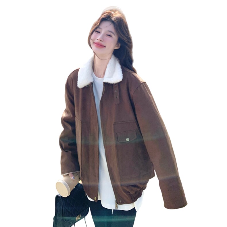 咖棕色美拉德设计款皮毛一体外套女2025秋冬季新款加绒保暖机车服,女装短外套,2C177