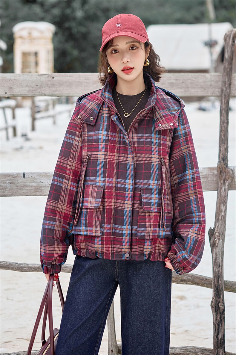 水衣源2904款牛仔格纹连帽宽松加厚加棉短款洋气时尚外套女,女装棉衣/棉服,水衣源
