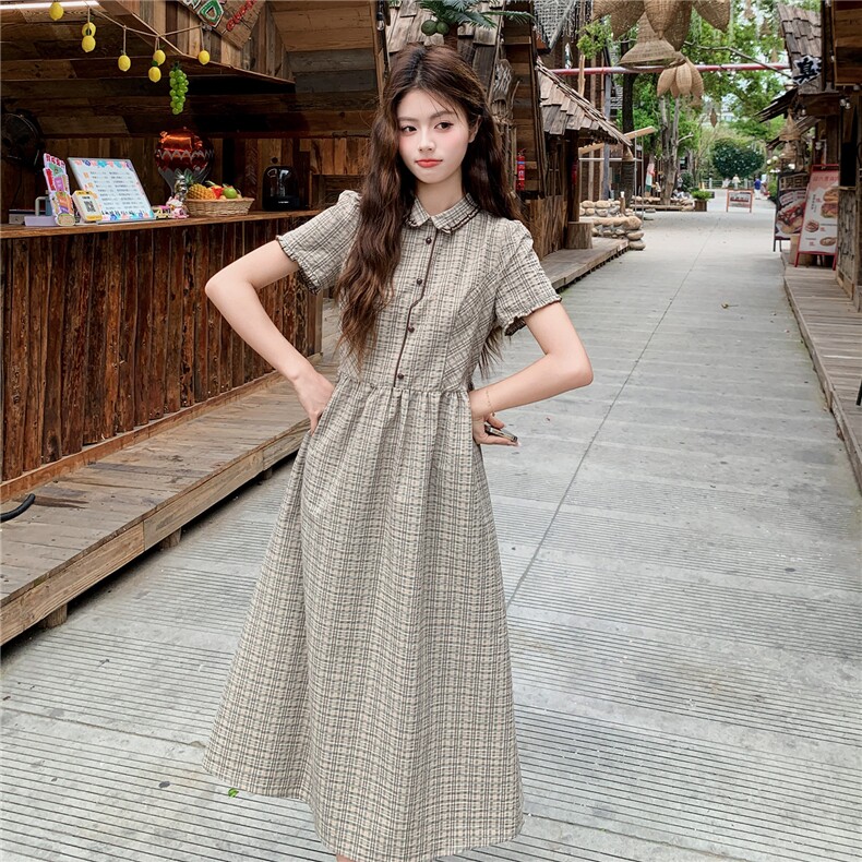 学院风格纹连衣裙女春夏收腰显瘦中长裙格子裙子，女装连衣裙，水衣源