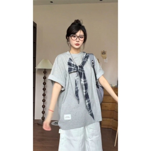 【有货】PX01CC-特P38 格子拼接蝴蝶结短袖t恤男女图片