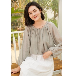 时尚百搭黑色天丝锦纶女装衬衫 舒适透气显瘦长袖上衣图片