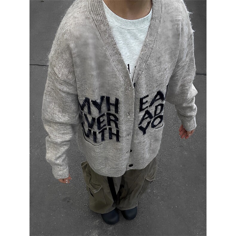 MY9816-P59字母提花V领开衫毛衣男女秋季软糯慵懒风针织衫美式,男装针织衫/毛衣,电商B323A