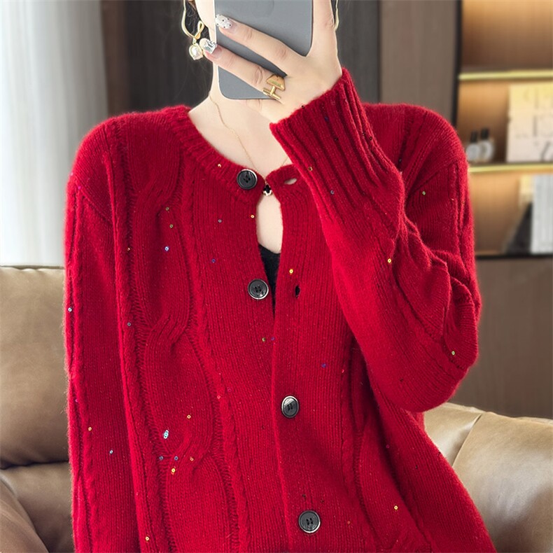 宽松慵懒风加厚100%纯羊毛开衫女圆领扭花亮片外套毛衣羊绒衫上衣，女装羊毛衫，秋虹羊绒