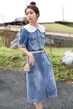 法式复古蕾丝娃娃领牛仔连衣裙2022夏季新品气质女牛仔裙减龄气质图片