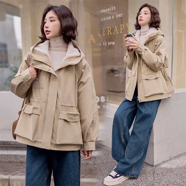 卡其色派克棉服女冬季2024新款棉衣中长款百搭宽松工装加绒加厚,女装棉衣/棉服,梦懿尔